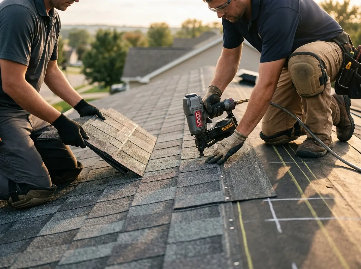 Professional roofer working on a residential roof in Galena Park